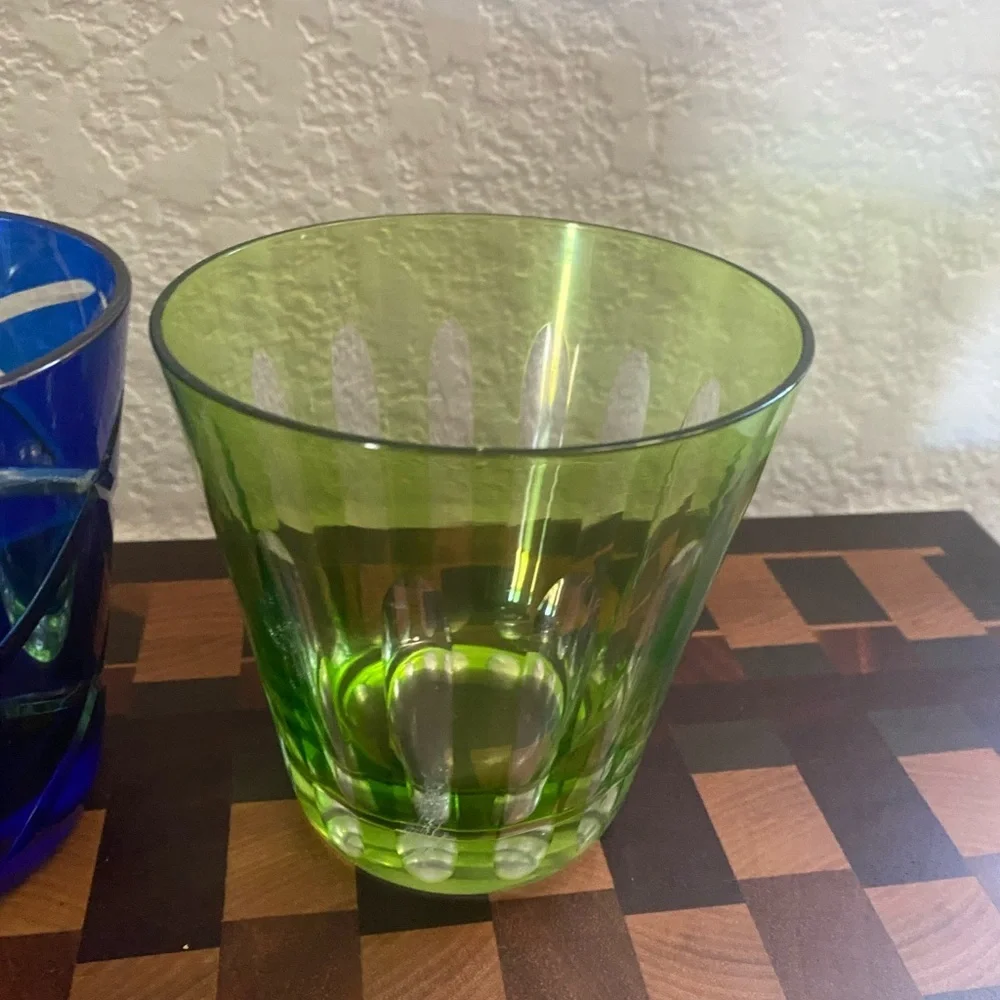 3 Vintage Hand Cut Fused Retro Cobalt Yellow Lime Highball Glass Bareware Set